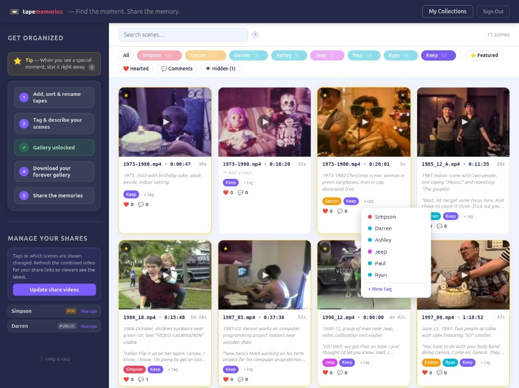 Tape Memories gallery — search and browse your digitized home videos